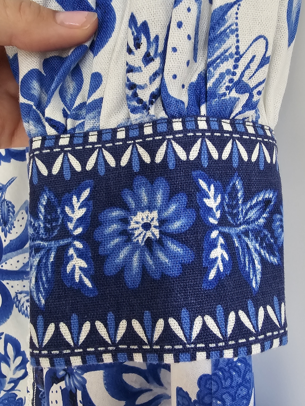 Caroline Constas Blue & White Floral Tapestry Lenzing Trim Linen Dress NWT $360 - Picture 3 of 8
